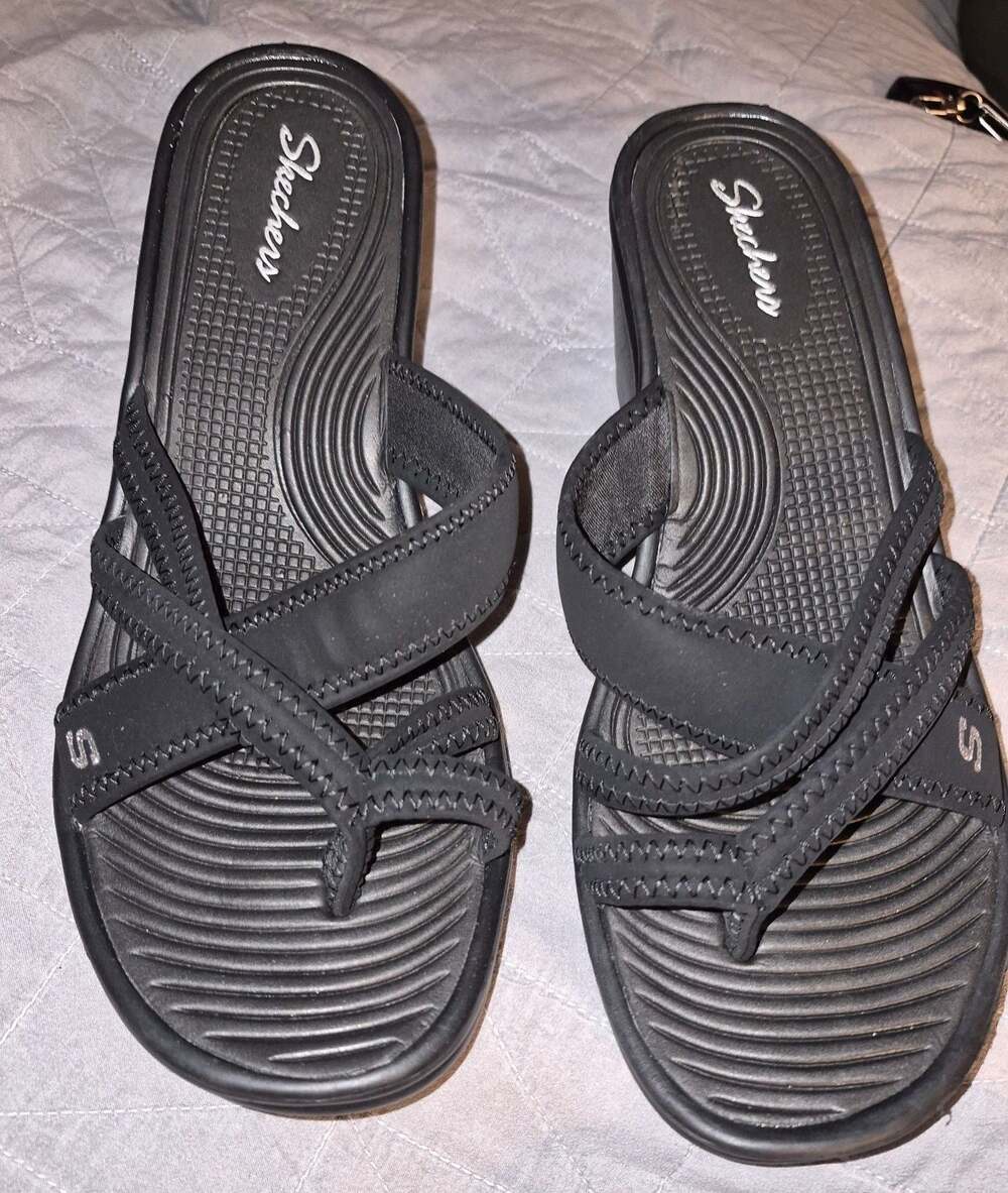 Skechers Cali Rumblers Sci Fi Black Wedge Sandals Size 11
